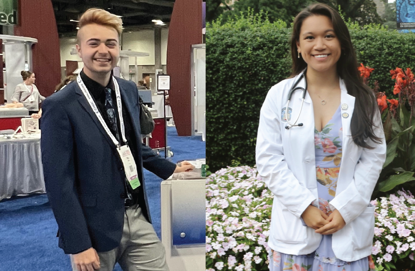 To the left: Nicolas Reese smiles at the camera at the American Academy of Pediatrics. To the right: Kaylin Camidge smiles at the camera while standing in front of green plants.