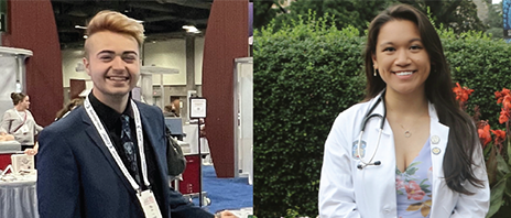 To the left: Nicolas Reese smiles at the camera at the American Academy of Pediatrics. To the right: Kaylin Camidge smiles at the camera while standing in front of green plants.